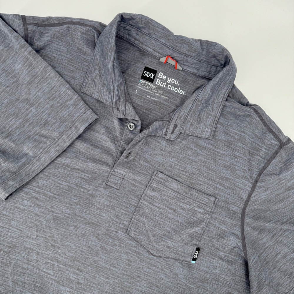 SAXX‎ DropTemp All Day Cooling Polo Shirt Mens Large Heather Grey Short Sleeve